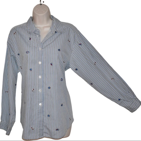 Ladies Stephanie K pinstripe embroidered long sleeve button down shirt fall nice - Picture 4 of 10